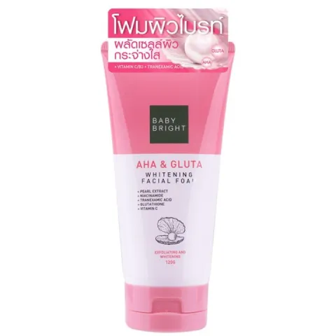 Pink and white Baby Bright AHA & Gluta Whitening Facial Foam tube with product label.