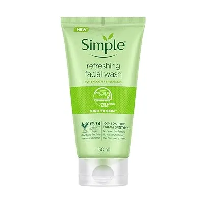 Green tube of Simple refreshing facial wash for sensitive skin, 150 ml.