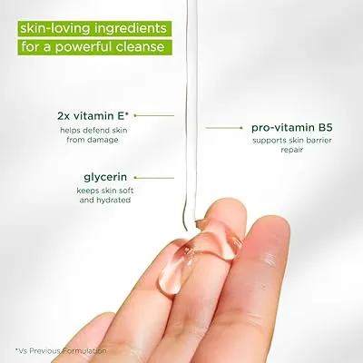 Clear gel being poured onto fingers with ingredient benefits listed in the background.