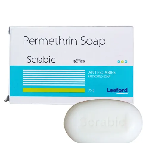 Permethrin soap bar and box packaging labeled for anti-scabies by Leeford.