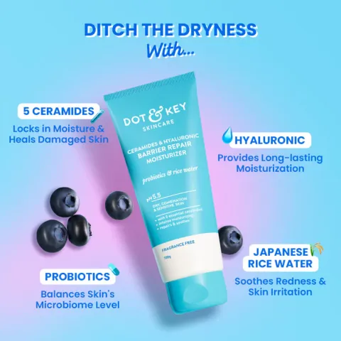 A tube of Dot & Key moisturizer with blueberries on a blue gradient background.