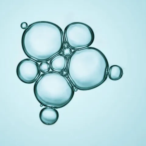 Cluster of translucent blue bubbles on a light blue background.