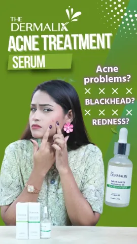 Woman touching her face with a concerned expression next to Dermalix acne treatment serum.