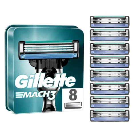 Gillette Mach3 razor blade refill pack with eight replacement cartridges.