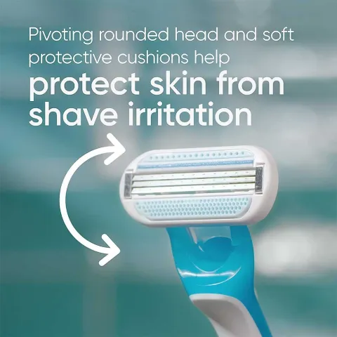 Close-up of a blue razor with a pivoting head and soft protective cushions.