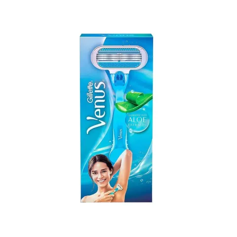 Gillette Venus razor packaging with a woman shaving her underarm on a blue background.