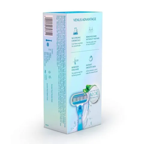 Venus razor packaging with blue-green accents and an illustration of a razor with aloe.