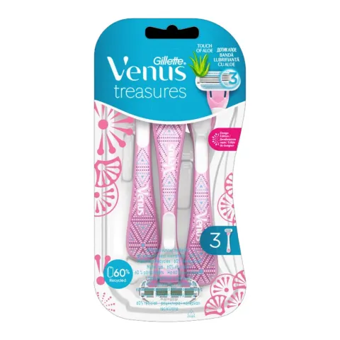 Gillette Venus Treasures pink disposable razors in decorative plastic packaging.