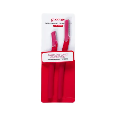 Three red eyebrow razors in plastic packaging.