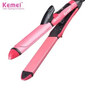 Pink Kemei hair straightener and curler with black accents on a white background.