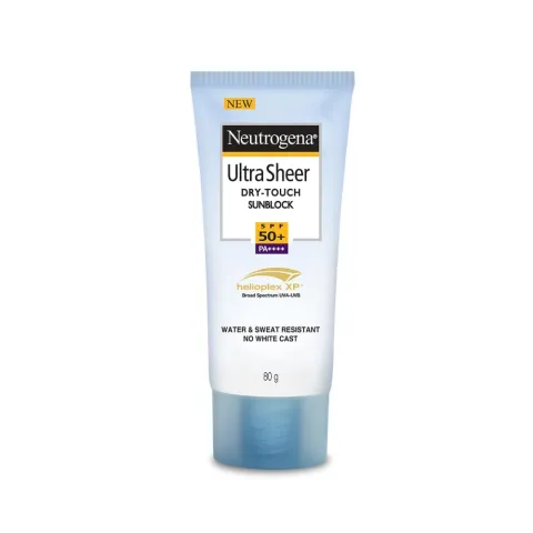 Neutrogena Ultra Sheer Dry-Touch sunblock tube with blue cap on white background.
