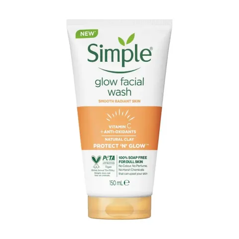 Simple Glow Facial Wash tube with orange and white packaging.