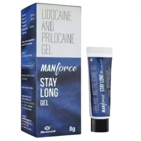 Manforce Stay Long Gel packaging with tube and blue box labeled lidocaine and prilocaine gel.