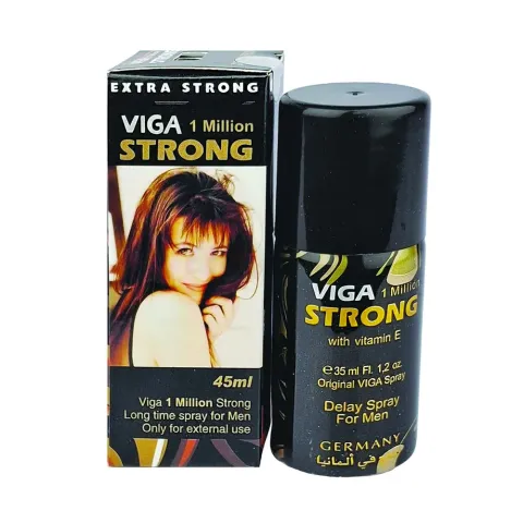 Viga Strong spray for men with box packaging featuring a woman's photo and bold text.