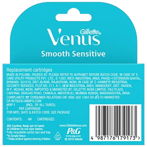 Gillette Venus Smooth Sensitive cartridge packaging with a barcode on the back.