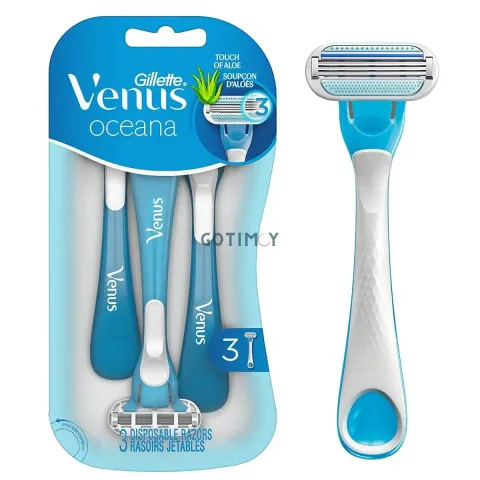 Gillette Venus Oceana razors in blue and white packaging, one razor shown separately.