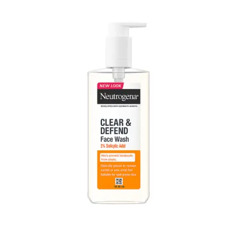 Neutrogena Clear & Defend Face Wash in a clear pump bottle with orange label.