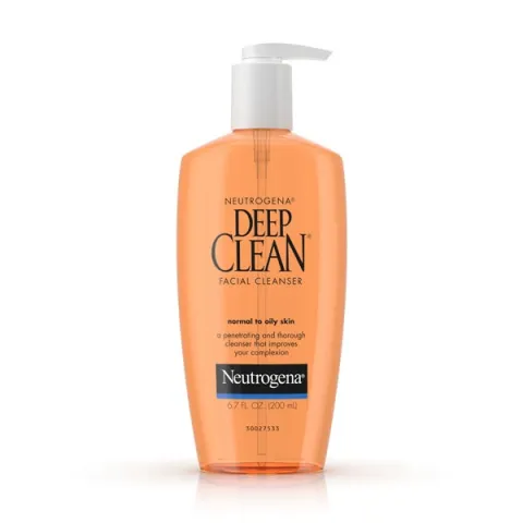 Neutrogena Deep Clean facial cleanser in an orange pump bottle.