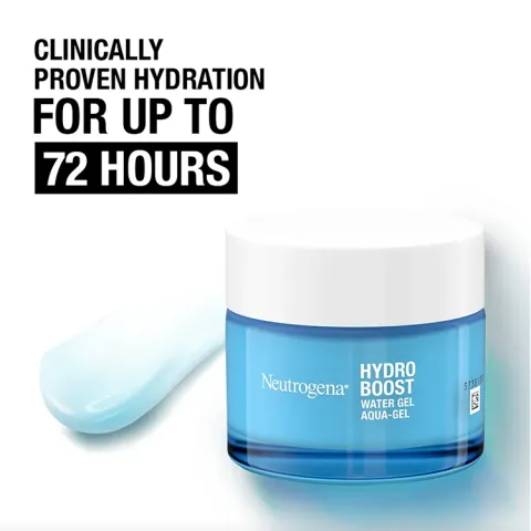 Neutrogena Hydro Boost water gel jar with a blue gel smear beside it on a white background.