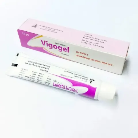 Vigogel cream tube and box with pink and white design on a white background.