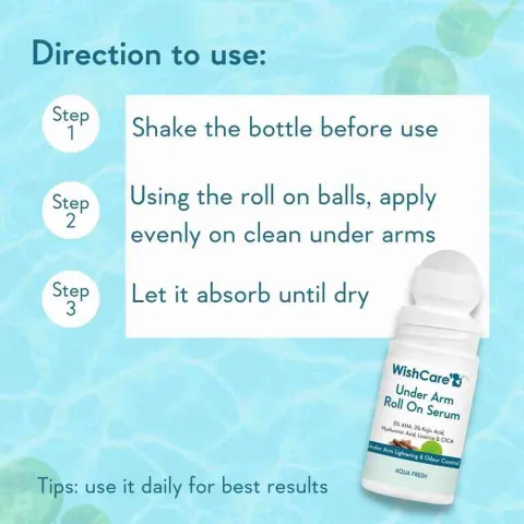 Underarm roll-on serum bottle with usage instructions on a blue patterned background.