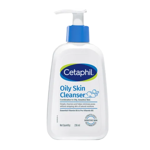 Cetaphil Oily Skin Cleanser bottle with a blue pump and white label.