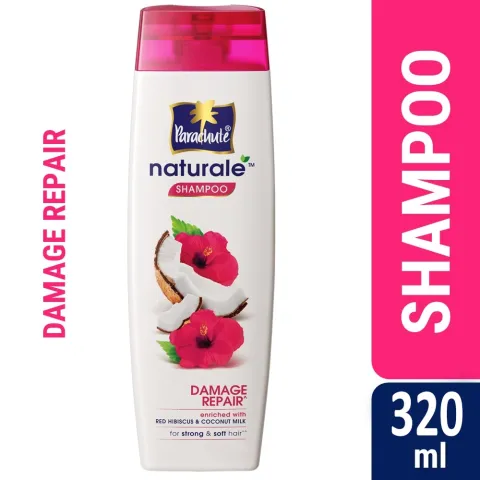 White shampoo bottle with pink cap, hibiscus and coconut images, labeled damage repair, 320 ml
