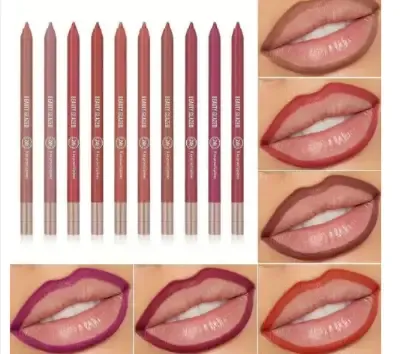 Assorted lip liners above close-ups of lips with different liner shades applied.