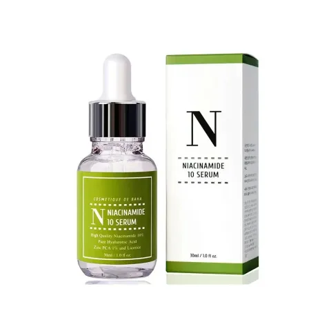 Clear serum dropper bottle with green label next to matching product box.