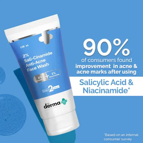 Tube of anti-acne face wash on a blue background with white and blue text.