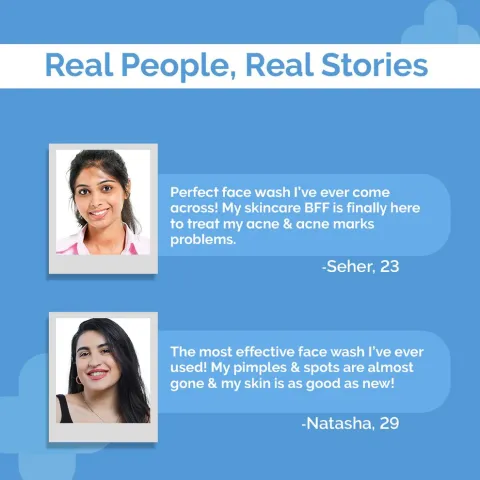 Two women smiling next to testimonial quotes on a blue background with the heading "Real People, Real Stories".