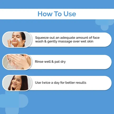 Three-step face wash instructions with photos of a woman washing, rinsing, and smiling.
