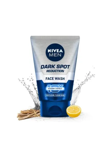 Nivea Men Dark Spot Reduction Face Wash tube with water splash, licorice, and lemon.