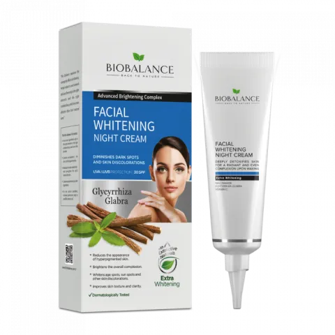 BioBalance Facial Whitening Night Cream tube and packaging with woman's face and cinnamon sticks.