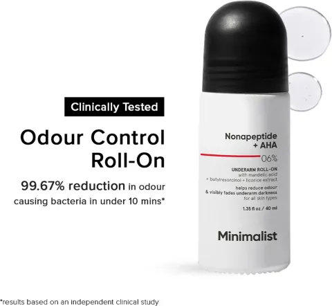 Minimalist Odour Control Roll-On with a black cap and white bottle.