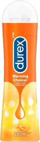 Durex orange warming lubricant bottle, 100 ml, with yellow and white accents.
