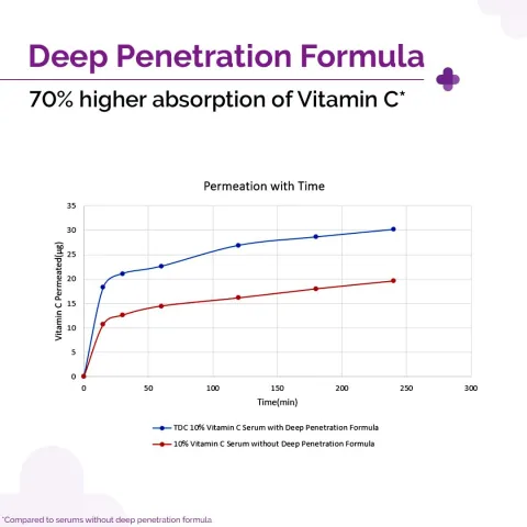 Line graph comparing Vitamin C absorption over time for two formulas, blue line higher than red.