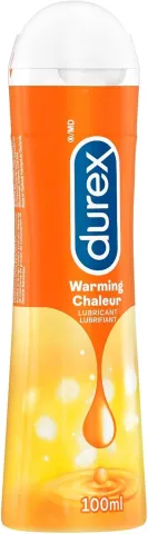 Durex Warming Lubricant in an orange bottle with a white cap.