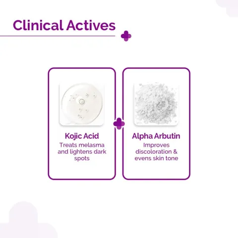Two panels showing kojic acid and alpha arbutin with descriptions and gray illustrations.