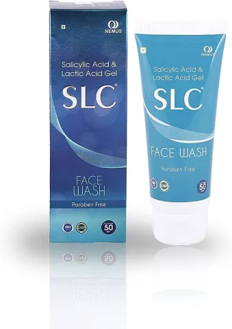 SLC face wash tube and box with blue and white design on a white background.