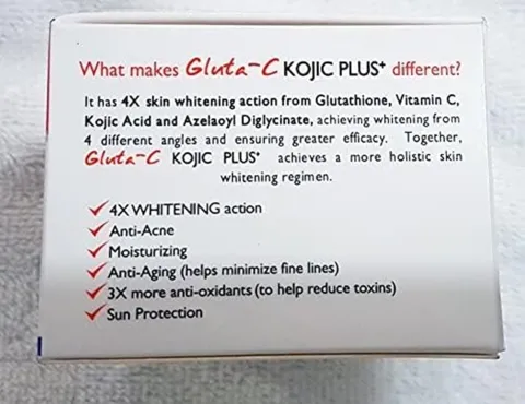 Gluta-C Kojic Plus product packaging listing benefits like whitening, anti-acne, and sun protection.