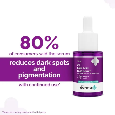 Purple bottle of face serum with claims about reducing dark spots and pigmentation.