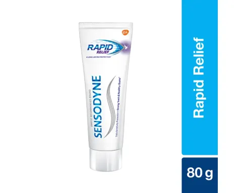 Sensodyne Rapid Relief toothpaste tube with blue and white packaging, 80 grams.