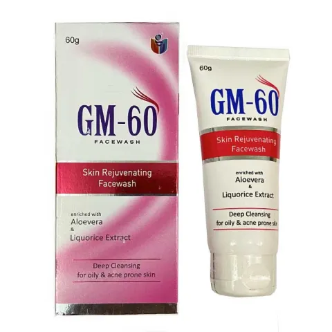 GM-60 facewash tube and box with red and white design, labeled for skin rejuvenation.