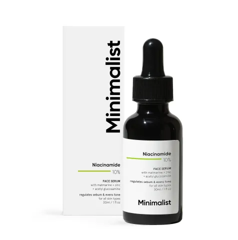 Minimalist niacinamide serum bottle with dropper and white product box