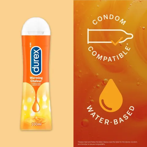 Durex warming lubricant bottle next to icons for condom compatibility and water-based formula.