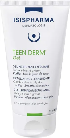 ISISPHARMA Teen Derm Gel exfoliating cleanser tube with blue and green accents.