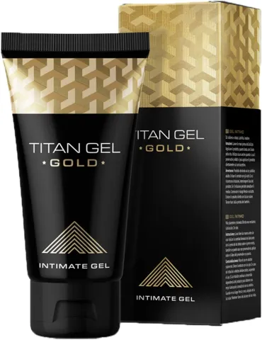 Black and gold Titan Gel Gold tube with matching box, labeled as intimate gel.