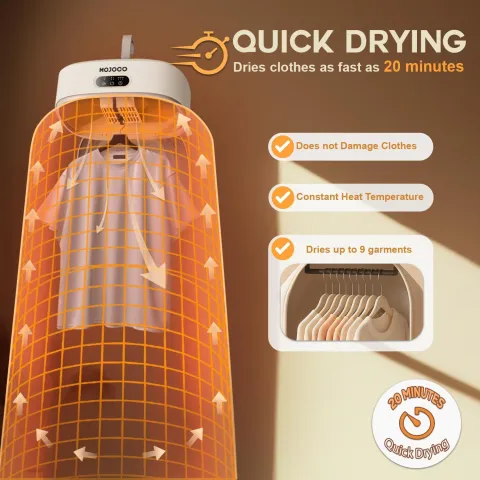 Orange drying machine cover with shirt inside, showcasing quick drying features and settings.