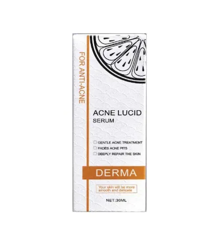 Derma Acne Lucid Serum product packaging with orange and black design elements.